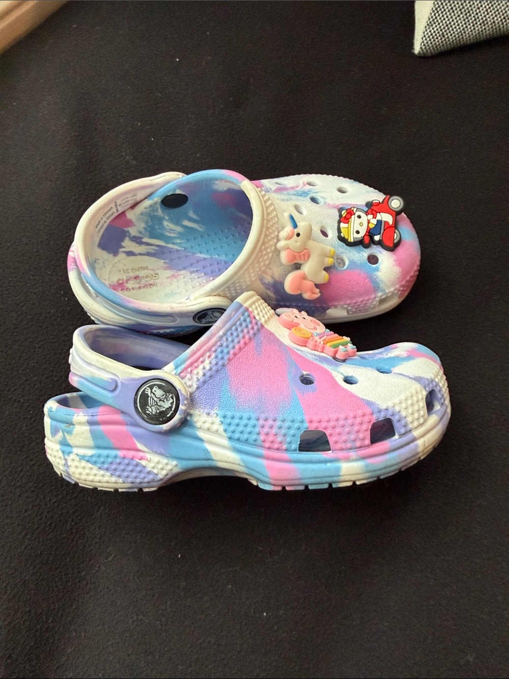 CROCS Kids Tie-Dye Clogs in Pink & Blue with Character Charms - Picture 2 of 2